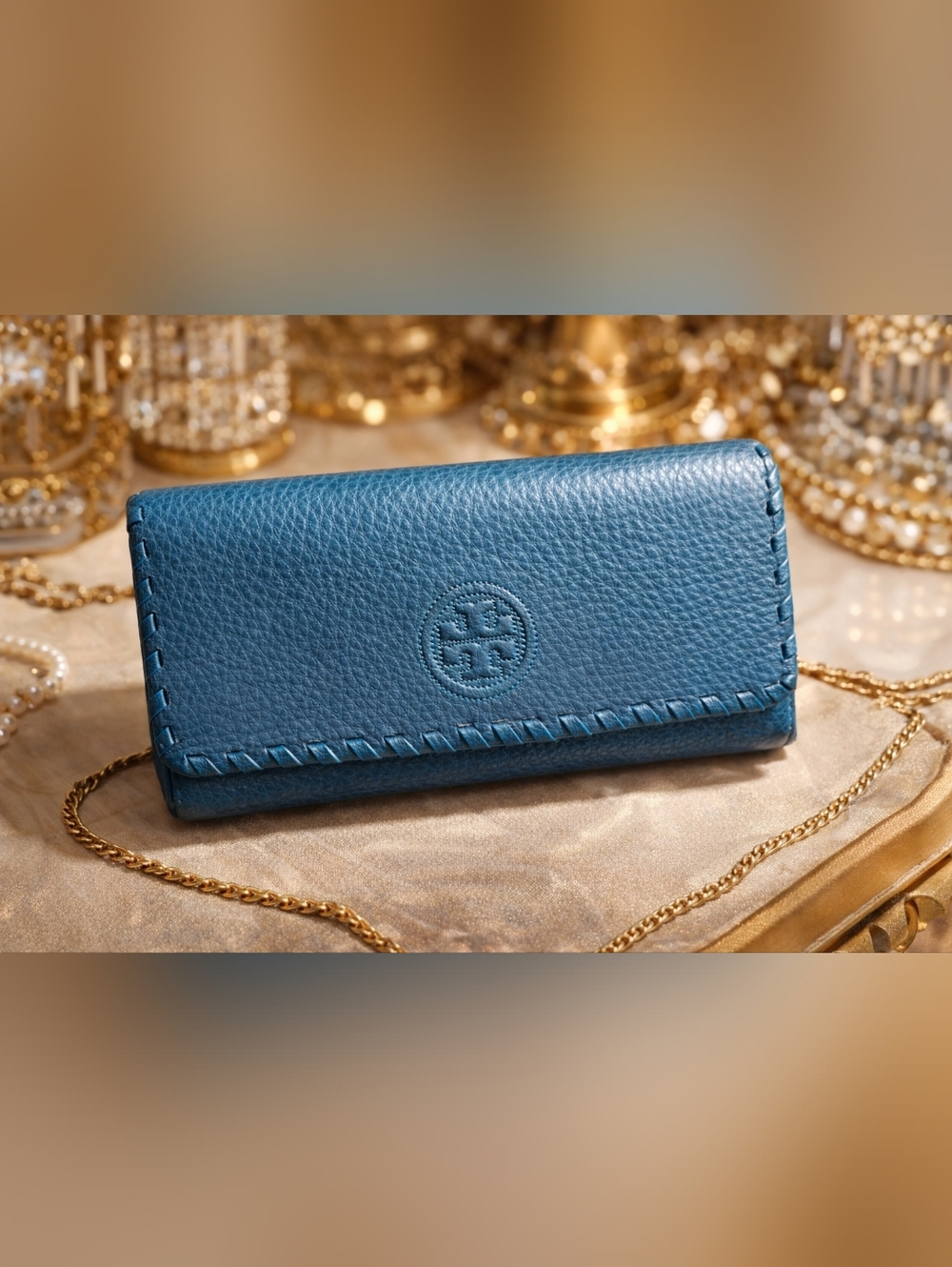 Tory Burch Teal Blue Pebbled Leather Continental Wallet with Whipstitch Trim